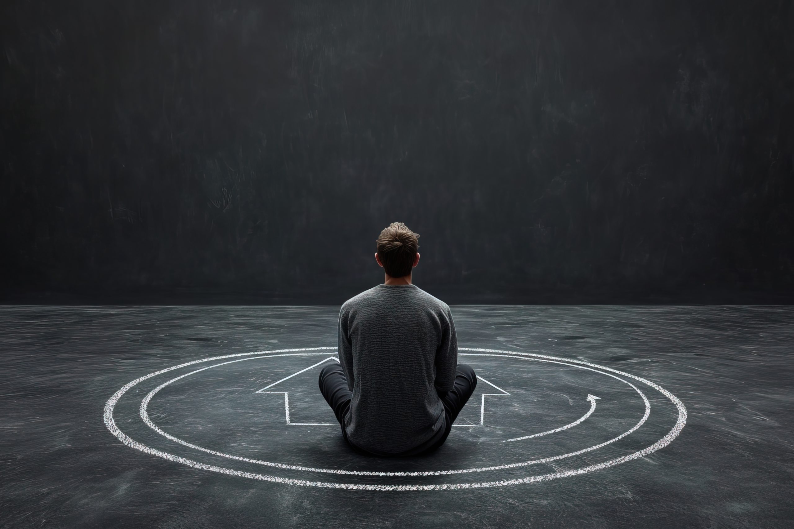 person sitting dark with abstract linear house scaled
